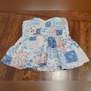 American Eagle babydoll tube top cotton linen blend patchwork xs blue/white/red